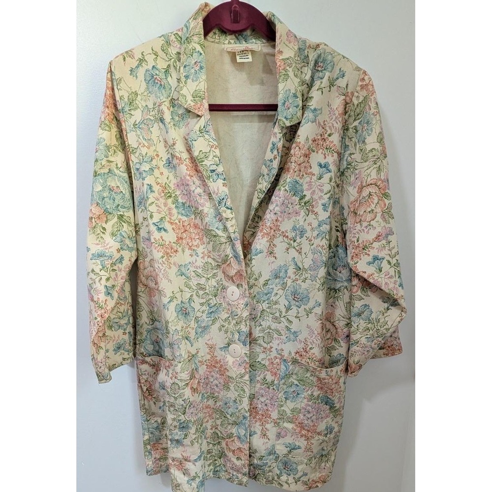 Vintage Vermillion Floral Tapestry Jacket Pastel Long USA Medium Cottagecore